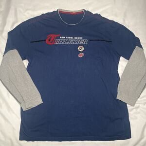 Vtg Y2K Tommy Hilfiger Denim Red Label Blue 2 Layered Tee Tshirt Long Sleeve XL
